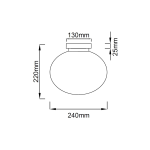 Lampa sufitowa Palla D24 z chromowanym wykończeniem, okrągła, o wymiarach 240 mm średnicy i 220 mm wysokości. Posiada miejsce na jedną żarówkę E14. Ujęcie z boku pokazujące kształt i wymiary.