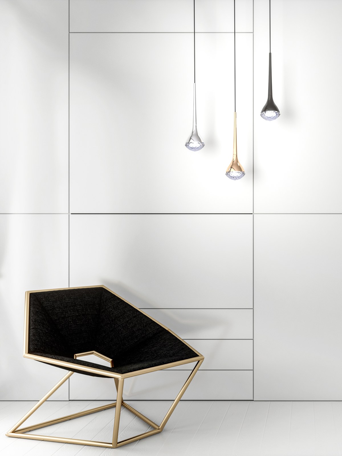 Lampa wisząca Crima Gold LED w kształcie kropli, w kolorze złotym, zawieszona na cienkim przewodzie. Oświetlenie znajduje się w minimalistycznym wnętrzu, obok nowoczesnego fotela o geometrycznej formie i czarnym obiciu. Tło białe i gładkie.