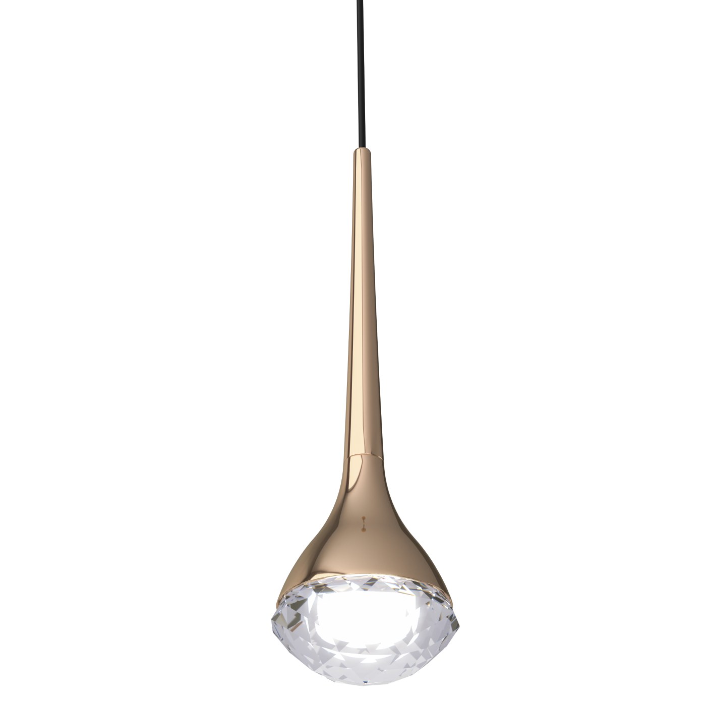 Lampa wisząca Crima Gold LED, 1-punktowa, z metalowym, złotym wykończeniem i szklanym kloszem w kształcie diamentu. Produkt zawieszony na czarnym kablu, z eleganckim, smukłym kształtem, idealny do nowoczesnych wnętrz.