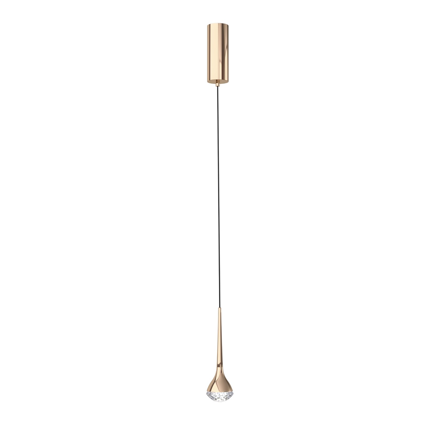 Lampa wisząca Crima Gold LED, jedno punktowa, z metalowym, błyszczącym złotym kloszem i przezroczystym kryształem na końcu. Zawieszona na czarnym przewodzie, w pozycji pionowej, na białym tle.