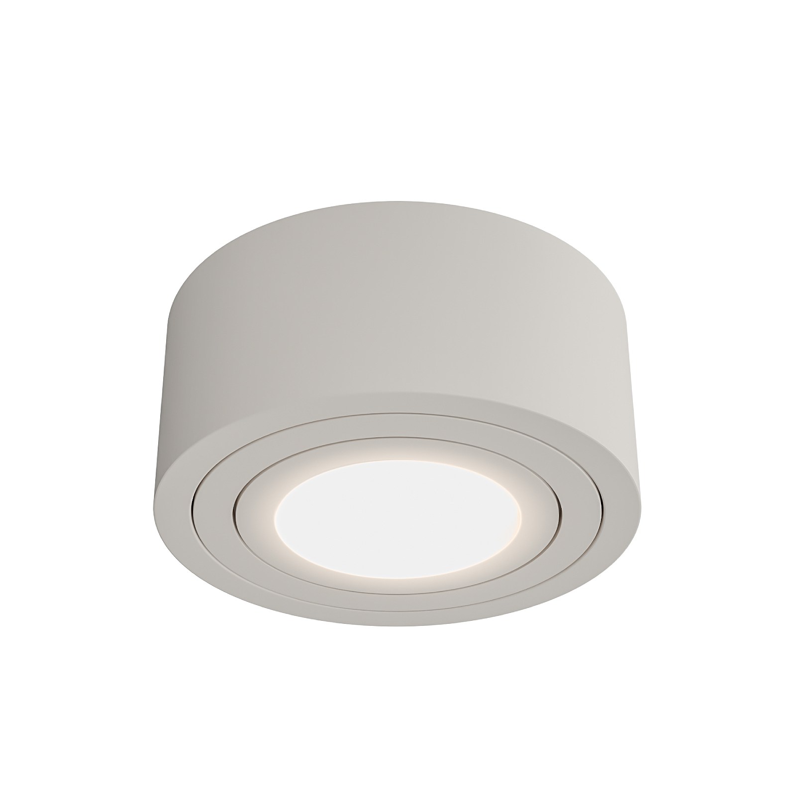 Rullo Toupe Mini IP44 LED 6W 3000K w kolorze białym, okrągły, montowany na suficie. Posiada zewnętrzny pierścień LED, emitujący ciepłe światło. Produkt w pozycji zamontowanej, na jednolitym tle.