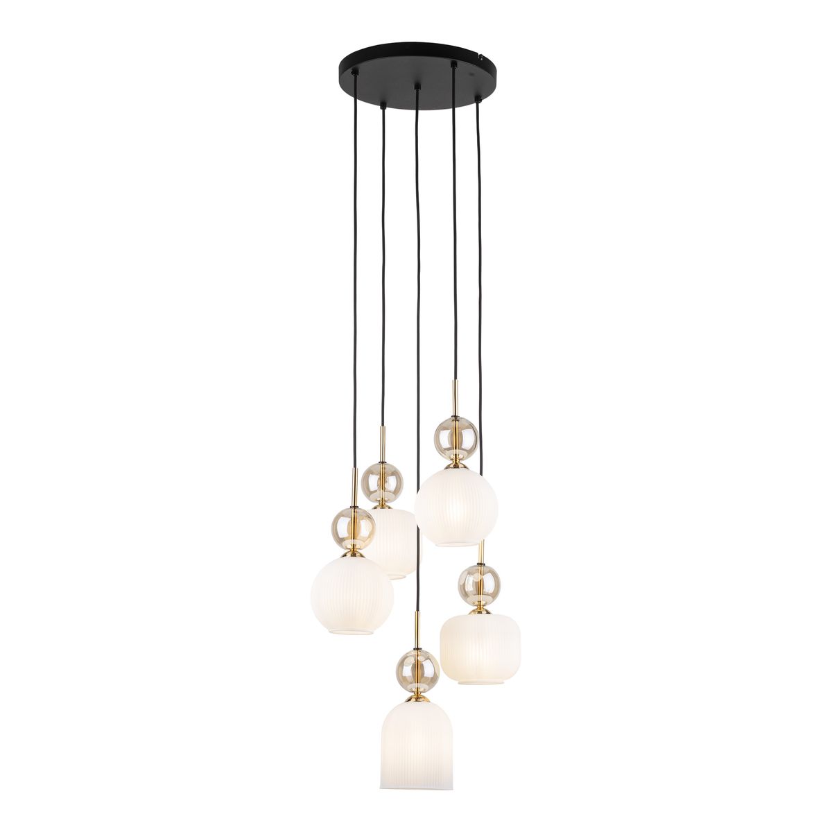 Lampa wisząca Sophia 5xE14 w kolorze białym, z sześcioma kloszami: dwa okrągłe i jeden prostokątny. Klosze zdobione delikatnym teksturowaniem, zawieszone na czarnych linkach z złotymi detalami. Montaż sufitowy.