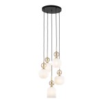 Lampa wisząca Sophia 5xE14 w kolorze białym, z sześcioma kloszami: dwa okrągłe i jeden prostokątny. Klosze zdobione delikatnym teksturowaniem, zawieszone na czarnych linkach z złotymi detalami. Montaż sufitowy.