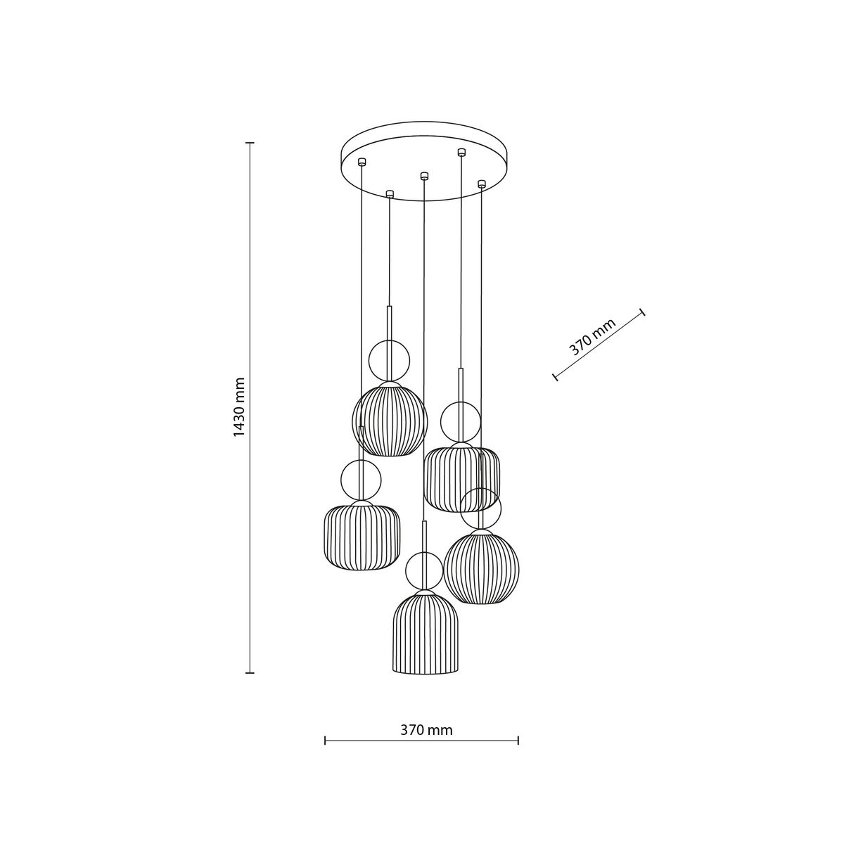 Lampa wisząca Sophia z pięcioma kloszami E14 w białym kolorze. Klosze o różnorodnych kształtach, zawieszone na cienkich linkach. Wymiary: wysokość 1430 mm, średnica 370 mm. Idealna do nowoczesnych wnętrz.
