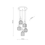 Lampa wisząca Sophia z pięcioma kloszami E14 w białym kolorze. Klosze o różnorodnych kształtach, zawieszone na cienkich linkach. Wymiary: wysokość 1430 mm, średnica 370 mm. Idealna do nowoczesnych wnętrz.