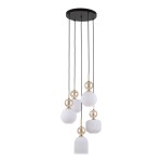 Lampa wisząca Sophia z pięcioma kloszami E14 w białym kolorze, wykonana z materiału o teksturowanej powierzchni. Klosze w kształcie kul, walców i prostokątów zawieszone na czarnych przewodach, z dekoracyjnymi złotymi elementami przy mocowaniu.
