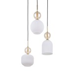 Lampa wisząca Sophia w białym kolorze z trzema źródłami światła E14. Składa się z trzech kloszy o różnych kształtach: cylindrycznym, kulistym i dzwonowatym, z dekoracyjnymi przezroczystymi elementami i złotymi detalami, zawieszona na czarnych przewodach.