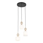 Lampa wisząca Sophia w kolorze białym z trzema kloszami, zawieszona na czarnych przewodach. Klosze mają różne kształty: cylindryczny, kulisty i stożkowy, z przezroczystymi elementami. Montowana do sufitu, z metalowymi detalami w kolorze złotym.