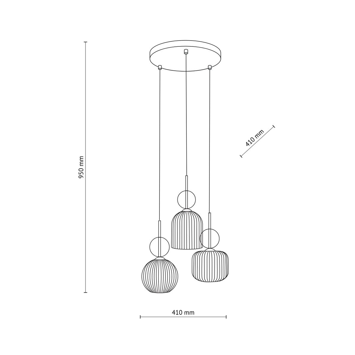 Lampa wisząca Sophia w białym kolorze, z trzema kloszami w różnych kształtach: cylindrycznym, kulistym i owalnym. Posiada mocowanie sufitowe, wysokość 950 mm, szerokość 410 mm. Idealna do nowoczesnych wnętrz.