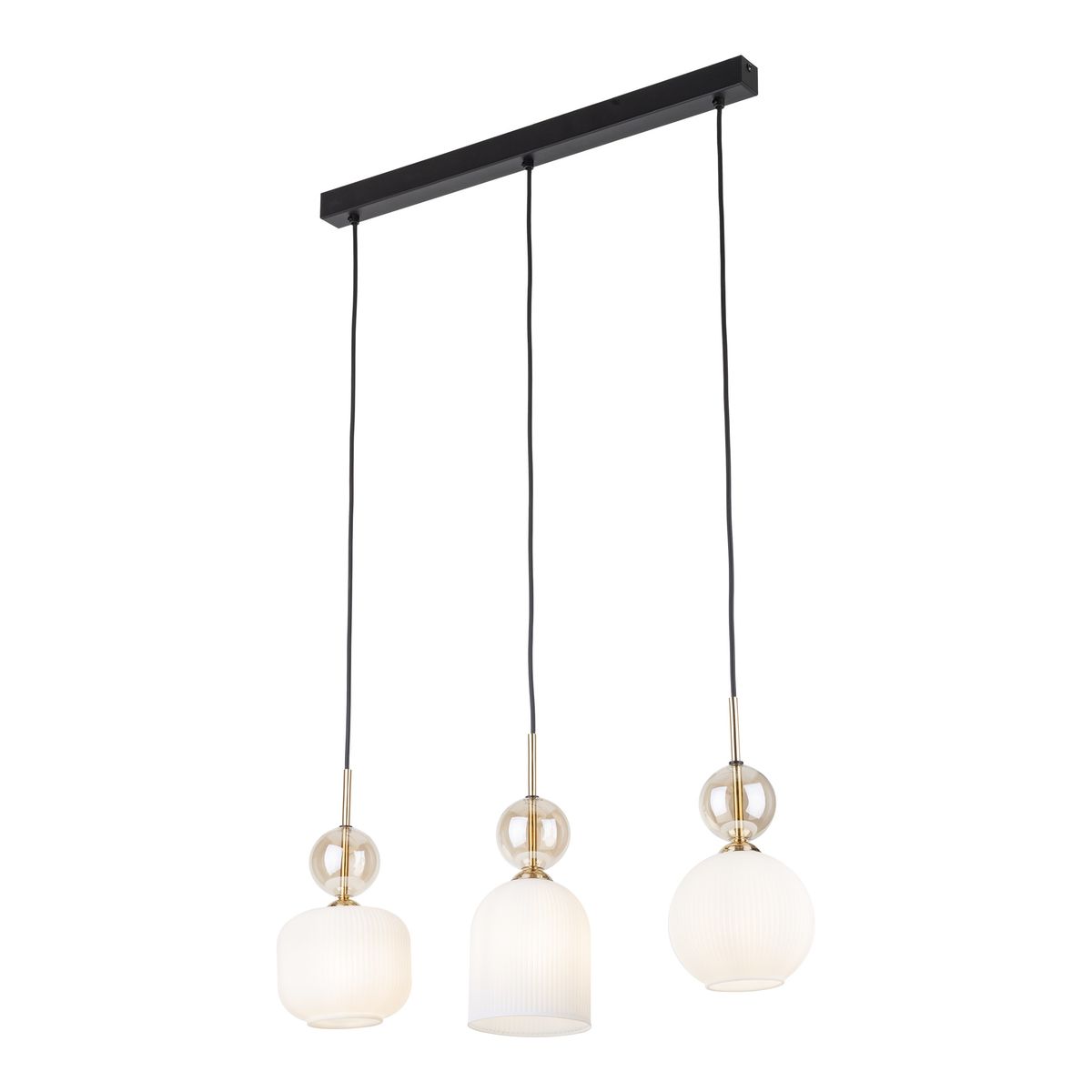 Lampa wisząca Sophia z trzema kloszami E14 w kolorze białym, zawieszona na czarnej listwie. Klosze mają różne kształty: cylindryczny, okrągły i stożkowy, z delikatnym teksturowaniem oraz przezroczystymi akcentami. Idealna do nowoczesnych wnętrz.