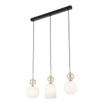 Lampa wisząca Sophia z trzema kloszami E14 w kolorze białym, zawieszona na czarnej listwie. Klosze mają różne kształty: cylindryczny, okrągły i stożkowy, z delikatnym teksturowaniem oraz przezroczystymi akcentami. Idealna do nowoczesnych wnętrz.