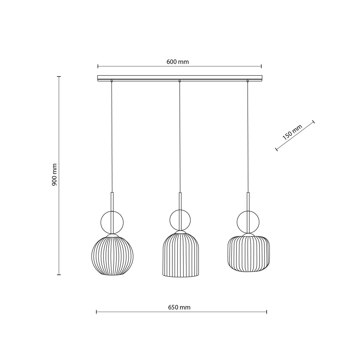 Lampa wisząca Sophia 3xE14 w kolorze białym. Trzy klosze w kształcie cylindrów z pionowymi rowkami, zawieszone na prostokątnej podstawie. Wymiary: 600 mm szerokości, 900 mm wysokości, 150 mm długości zwisu.