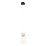 Lampa wisząca Sophia z białym kloszem w kształcie kuli, wykonana z materiału teksturowanego. Posiada złote detale i przezroczystą kulę na górze. Zawieszona na czarnym przewodzie, montowana do sufitu. Idealna do nowoczesnych wnętrz.