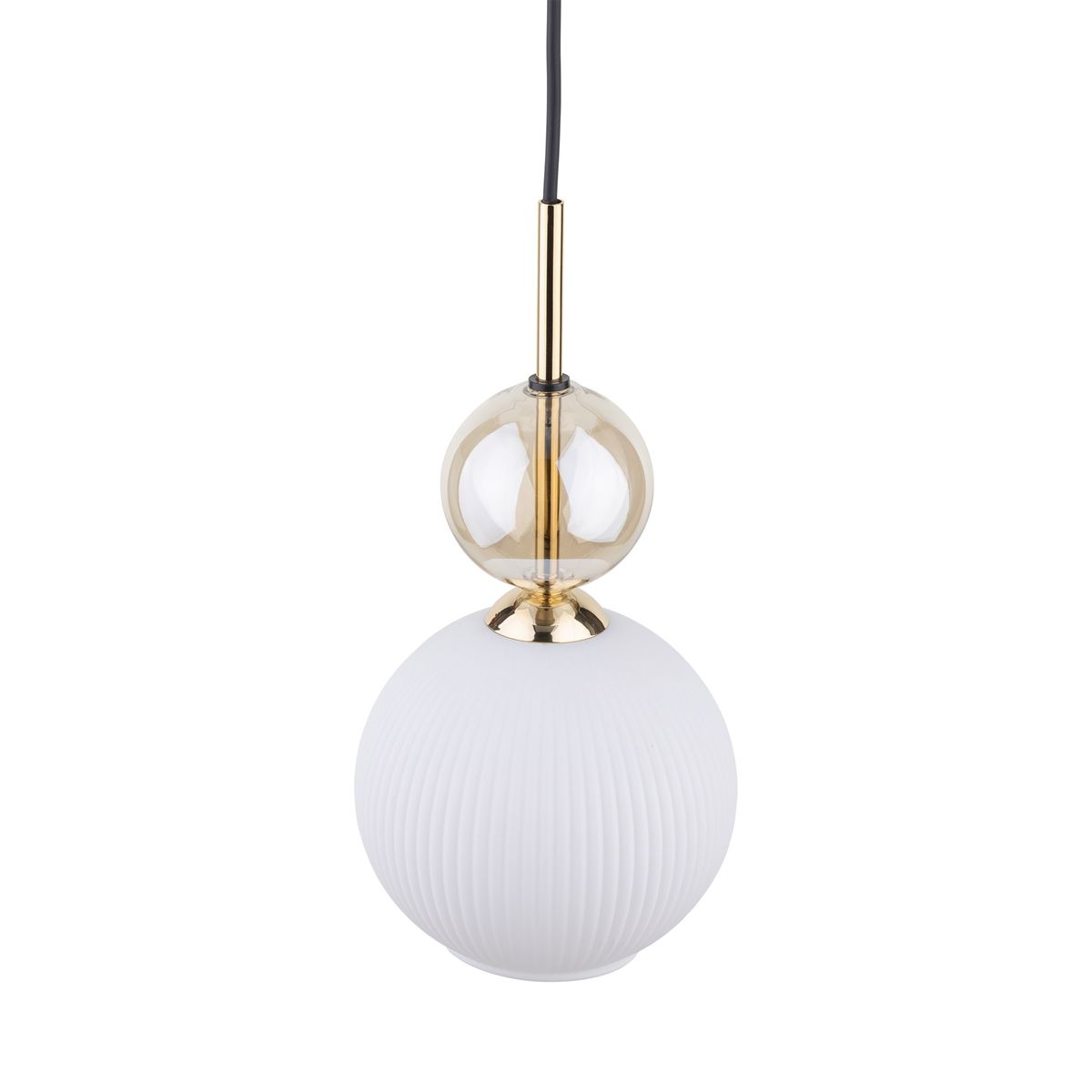 Lampa wisząca Sophia z jednym gniazdem E14, z białym, teksturowanym kloszem w kształcie półkuli oraz przezroczystą, okrągłą dekoracją na górze. Zawieszona na czarnym przewodzie, z elementami metalowymi w kolorze złotym.