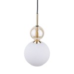 Lampa wisząca Sophia z jednym gniazdem E14, z białym, teksturowanym kloszem w kształcie półkuli oraz przezroczystą, okrągłą dekoracją na górze. Zawieszona na czarnym przewodzie, z elementami metalowymi w kolorze złotym.