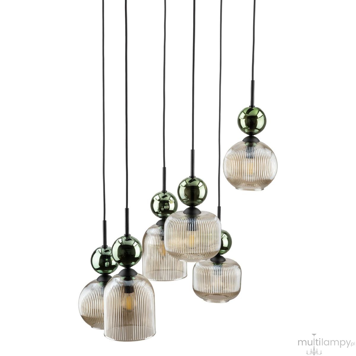 Lampa wisząca Sophia z sześcioma kloszami E14 w bursztynowym i zielonym kolorze. Klosze mają teksturowaną powierzchnię i różne kształty, zawieszone na czarnych przewodach. Całość prezentuje się nowocześnie i elegancko, idealna do stylowych wnętrz.
