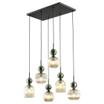 Lampa wisząca Sophia z sześcioma kloszami E14 w bursztynowym i zielonym kolorze. Klosze o różnych kształtach, zawieszone na czarnych przewodach, umieszczone na prostokątnej podstawie. Idealna do nowoczesnych wnętrz.