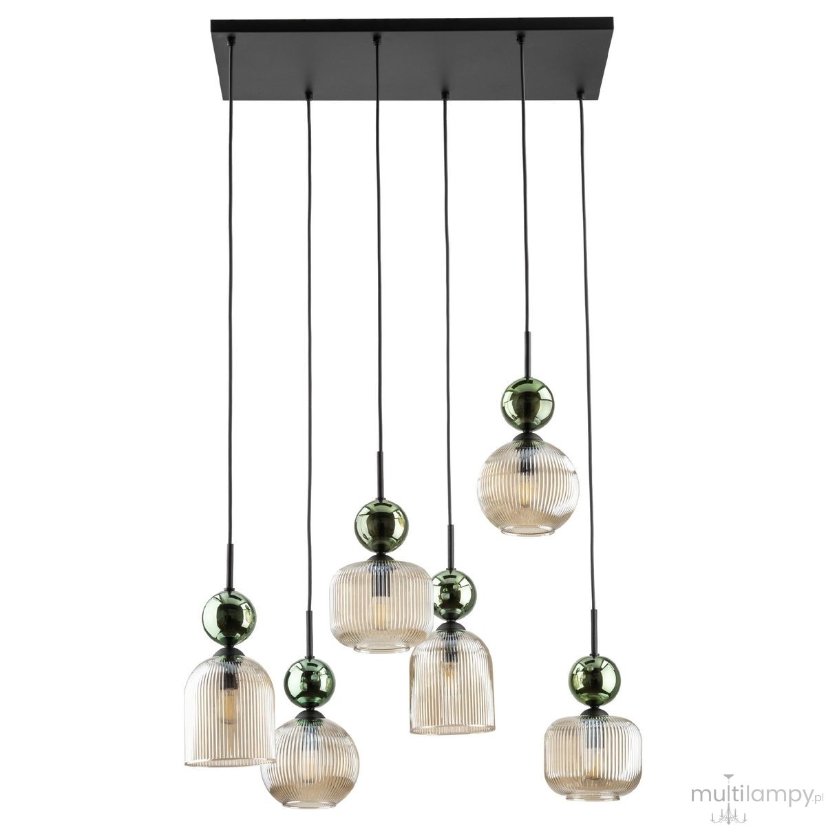 Lampa wisząca Sophia z sześcioma kloszami E14 w bursztynowym i zielonym kolorze, zawieszona na cienkich czarnych przewodach. Klosze mają różne kształty, z teksturowanymi, przezroczystymi detalami oraz zielonymi akcentami. Montaż sufitowy.