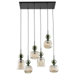 Lampa wisząca Sophia z sześcioma kloszami E14 w bursztynowym i zielonym kolorze, zawieszona na cienkich czarnych przewodach. Klosze mają różne kształty, z teksturowanymi, przezroczystymi detalami oraz zielonymi akcentami. Montaż sufitowy.