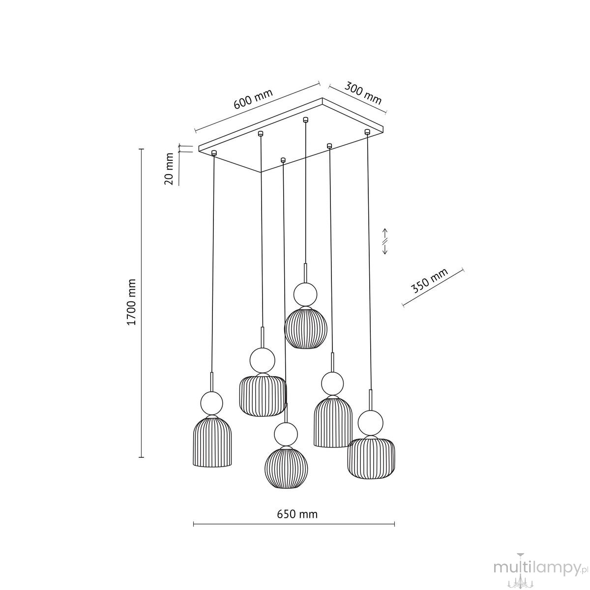 Lampa wisząca Sophia z sześcioma źródłami światła E14 w kolorze bursztynowym i zielonym. Okrągłe klosze o różnej teksturze, zawieszone na cienkich linkach, montowane na prostokątnej podstawie. Wymiary: 600 mm x 300 mm, wysokość 1700 mm.