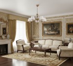 Żyrandol Sofia 5-punktowy w stylu klasycznym, złoty z białymi kloszami, wiszący w eleganckim wnętrzu. Otoczenie z beżowymi zasłonami, tapetą w kwiatowy wzór oraz drewnianymi meblami. Oświetlenie dodaje przytulności przestrzeni.