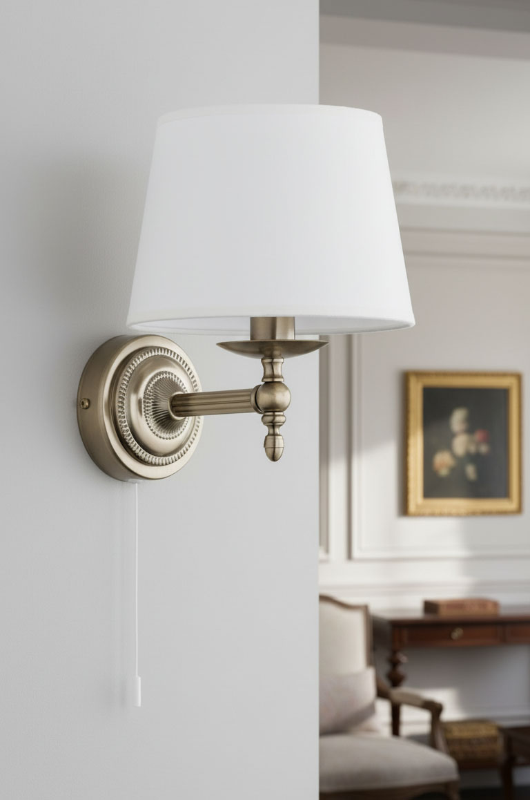 Kinkiet Roksana 1-punktowy w kolorze antycznego złota z białym kloszem. Ustawiony na ścianie, z widocznym przewodem i dekoracyjnym mocowaniem. Klosz ma cylindryczny kształt, a na tle widać klasyczne wnętrze z obrazem.