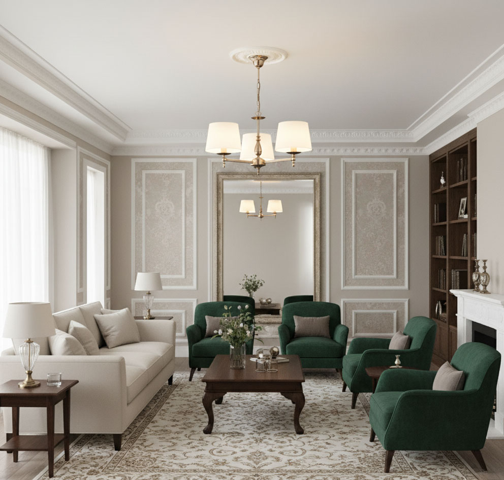 Roksana żyrandol 3-punktowy w kolorze mosiądzu z białymi kloszami, zawieszony centralnie w eleganckim wnętrzu. Widoczne zielone fotele, jasna sofa oraz stół z kwiatami. Tło z delikatnymi wzorami na ścianach oraz lustrem.