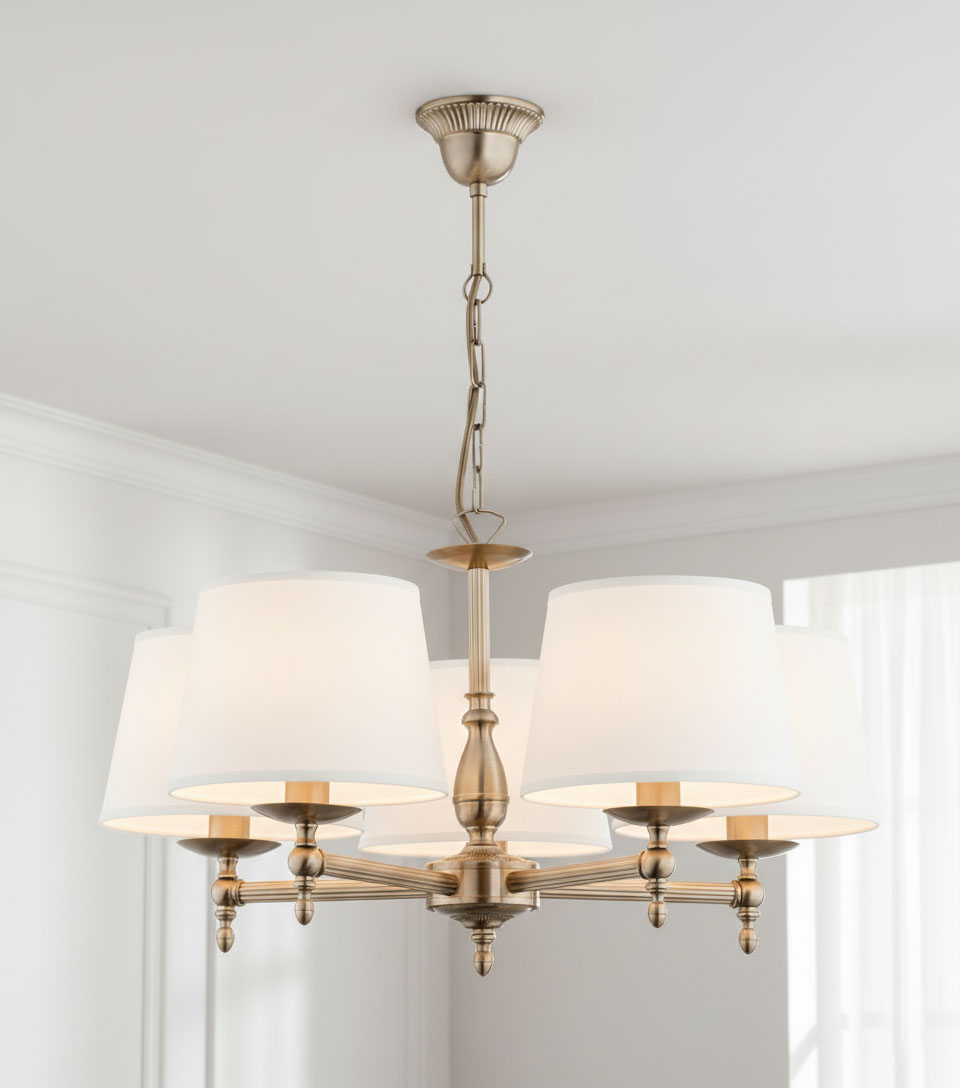 Żyrandol Roksana 5-punktowy w kolorze złotym, zawieszony na łańcuchu. Posiada pięć białych kloszy o stożkowatym kształcie. Produkt widoczny na tle jasnej ściany, z eleganckim detalem w postaci dekoracyjnej podstawy.