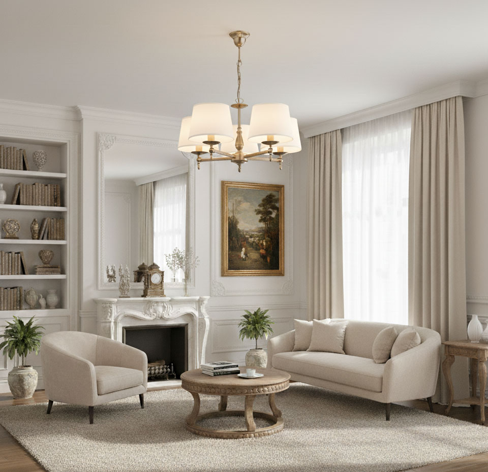 Żyrandol Roksana 5-punktowy w kolorze złotym z białymi kloszami, zawieszony na łańcuchu. Produkt umieszczony w eleganckim wnętrzu z jasnymi zasłonami, sofą i okrągłym stolikiem. Tło z półkami i obrazem na ścianie.