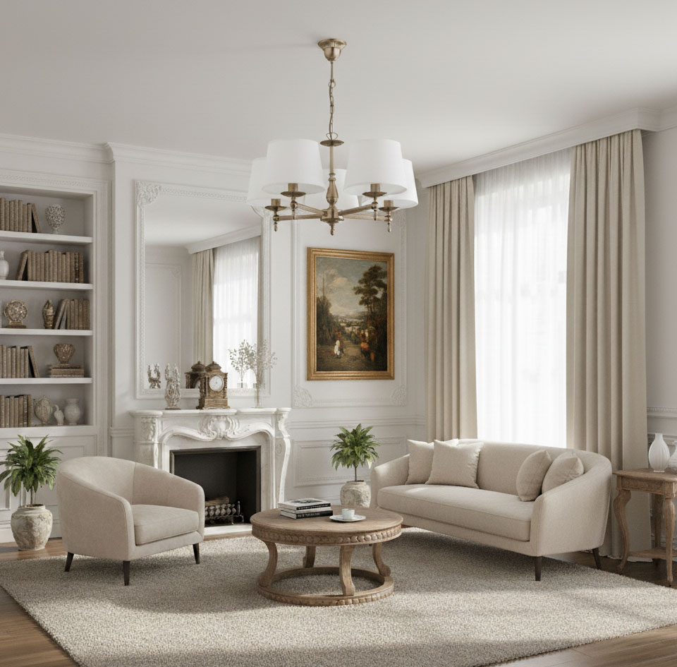 Żyrandol Roksana 5-punktowy w kolorze złotym, z białymi abażurami. Zawieszony w eleganckim wnętrzu, z widocznym kominkiem, kanapą oraz stołem kawowym. Oświetlenie w klasycznym stylu, doskonałe do salonu.