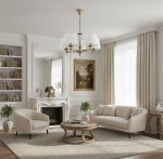 Żyrandol Roksana 5-punktowy w kolorze złotym, z białymi abażurami. Zawieszony w eleganckim wnętrzu, z widocznym kominkiem, kanapą oraz stołem kawowym. Oświetlenie w klasycznym stylu, doskonałe do salonu.