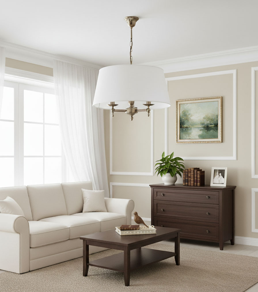 Roksana żyrandol 3-punktowy w kolorze białym, zawieszony na łańcuchu, z metalowymi detalami. Produkt umieszczony w jasnym wnętrzu z kanapą i stolikiem kawowym, na tle delikatnych ścian w odcieniu beżowym.