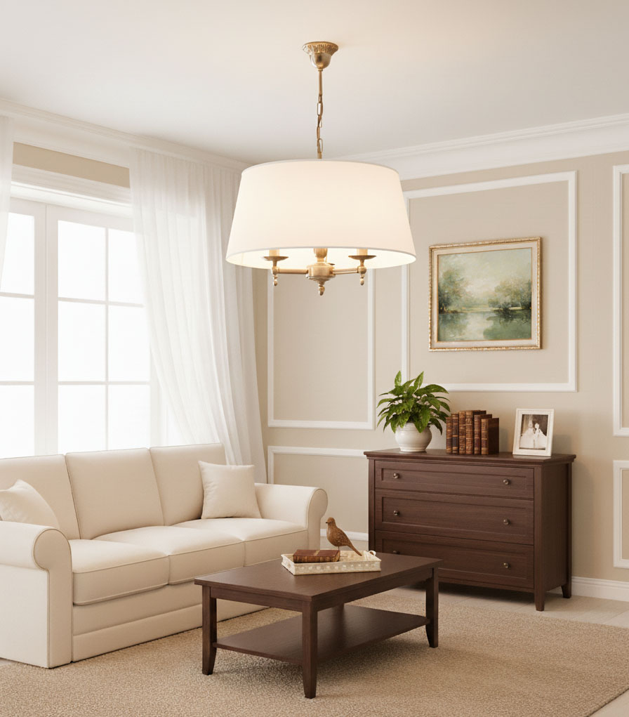 Żyrandol 3-punktowy Roksana w kolorze białym, z okrągłym kloszem, zawieszony na złotej łańcuchowej konstrukcji. Oświetlenie w stylowym wnętrzu z jasną kanapą i drewnianymi meblami. Tło w neutralnych odcieniach, z oknem i obrazem na ścianie.