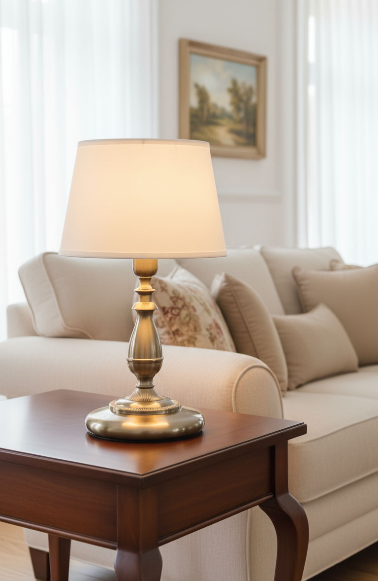 Lampka stołowa Roksana 1-punktowa z metalowym, złotym trzonem i białym, materiałowym kloszem. Ustawiona na ciemnym, drewnianym stoliku obok beżowej kanapy. Otoczenie w jasnym wnętrzu z oknami zasłoniętymi firankami.