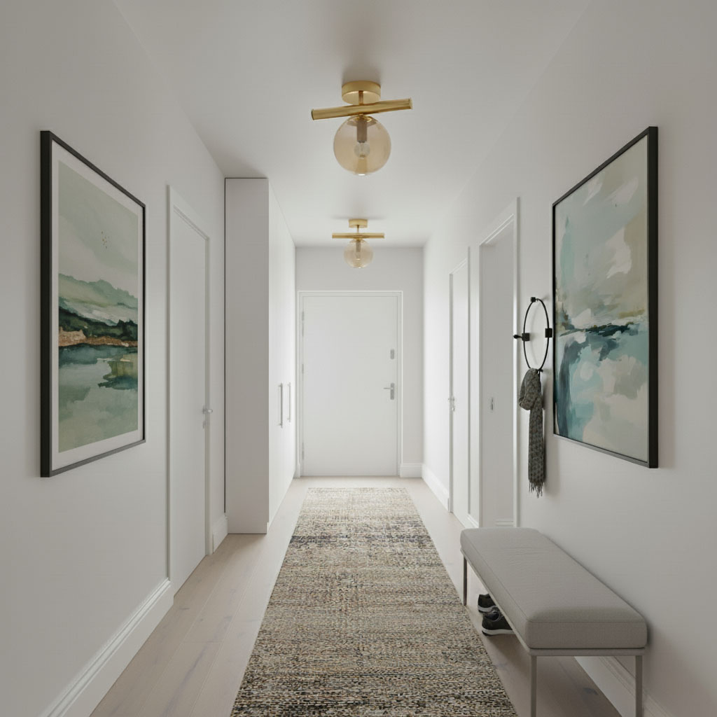 Złota lampa sufitowa Eral 1-punktowa z przezroczystą kulistą żarówką, zamontowana na suficie w korytarzu. Lampa ma prostą konstrukcję z poziomym ramieniem. W tle jasne ściany i dekoracyjne obrazy, podłoga wyłożona dywanem.