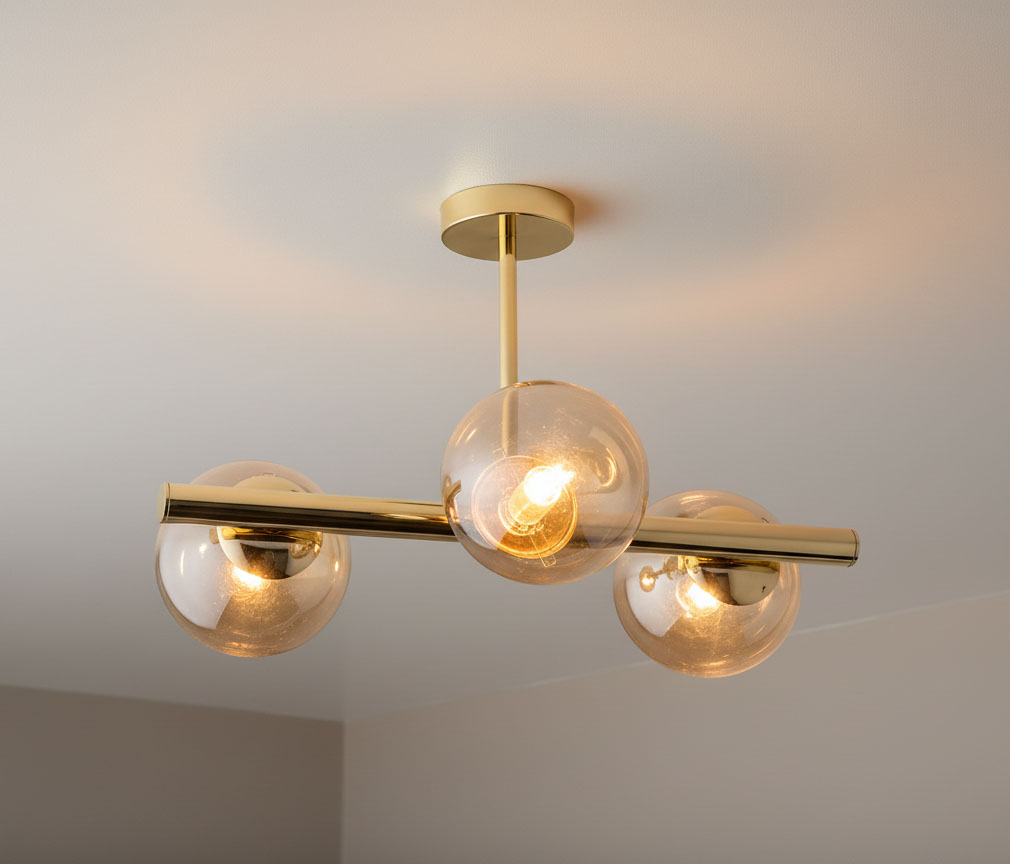 Lampa sufitowa Eral 3-punktowa w złotym kolorze z transparentnymi kloszami. Zawieszona na metalowej rurze, posiada trzy okrągłe źródła światła. Ujęcie z góry, ukazujące elegancki design i detale wykończenia.