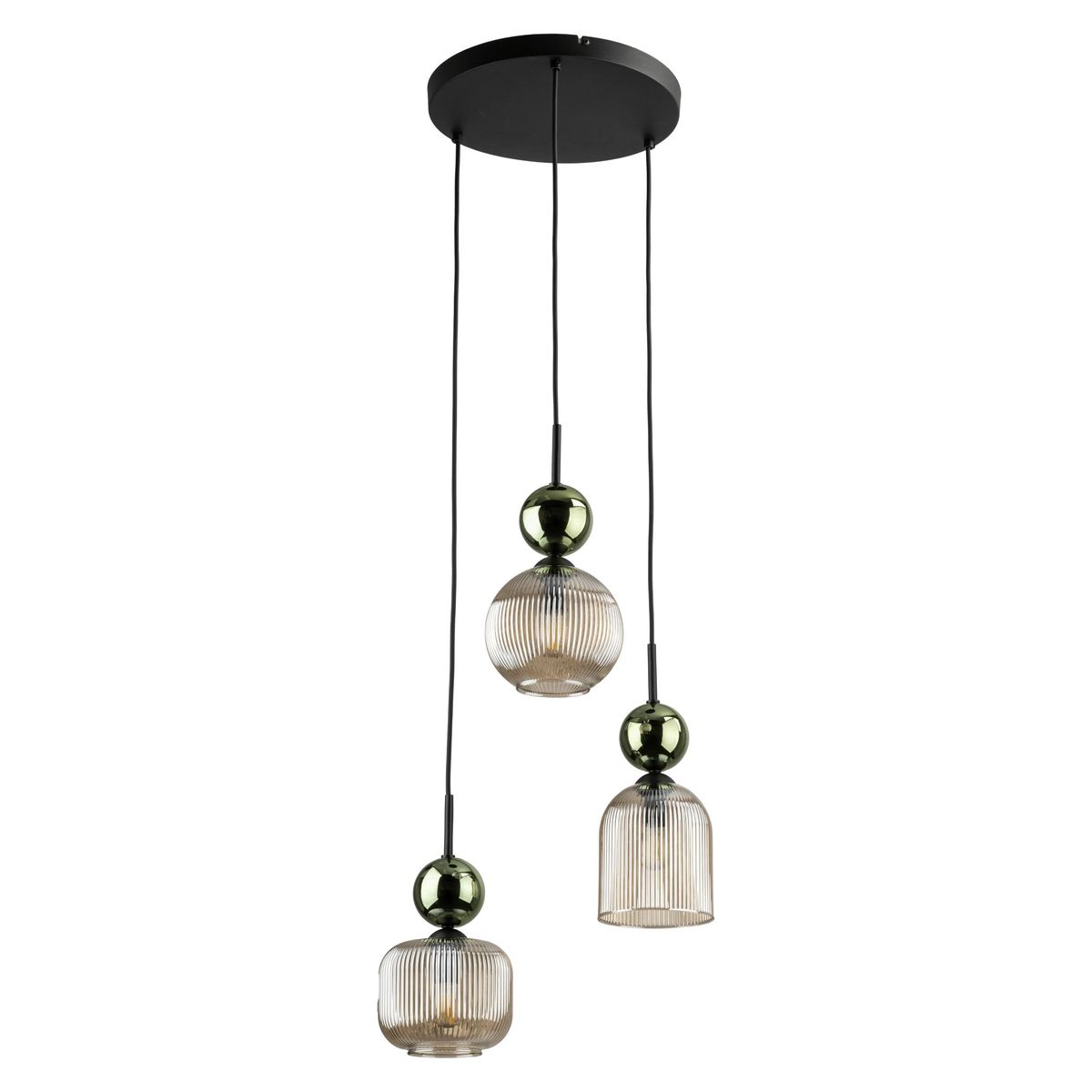 Lampa wisząca Sophia 3xE14 w kolorze bursztynowym i zielonym. Składa się z trzech szklanych kloszy o różnych kształtach, zawieszonych na czarnych przewodach. U góry znajduje się okrągła, czarna podsufitka, a klosze mają fakturowaną powierzchnię.