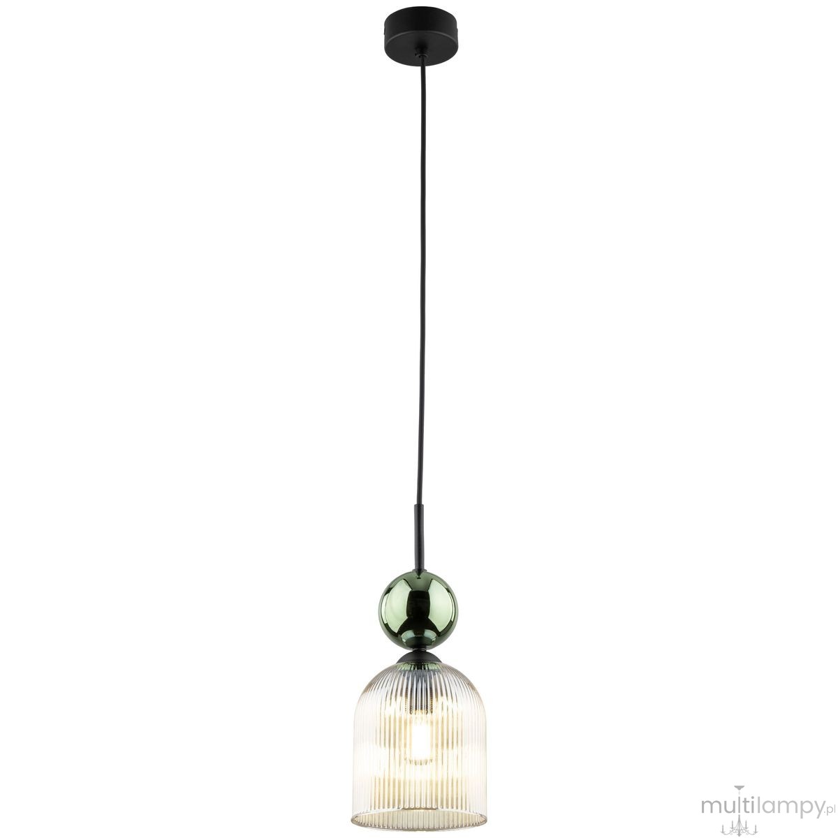 Lampa wisząca Sophia 1xE14 w kolorze bursztynowym i zielonym, z przezroczystym kloszem, zawieszona na czarnym przewodzie. Klosz ma delikatne żłobienia, a u góry znajduje się zielona, okrągła dekoracja. Ujęcie frontalne, na białym tle.