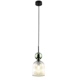 Lampa wisząca Sophia 1xE14 w kolorze bursztynowym i zielonym, z przezroczystym kloszem, zawieszona na czarnym przewodzie. Klosz ma delikatne żłobienia, a u góry znajduje się zielona, okrągła dekoracja. Ujęcie frontalne, na białym tle.