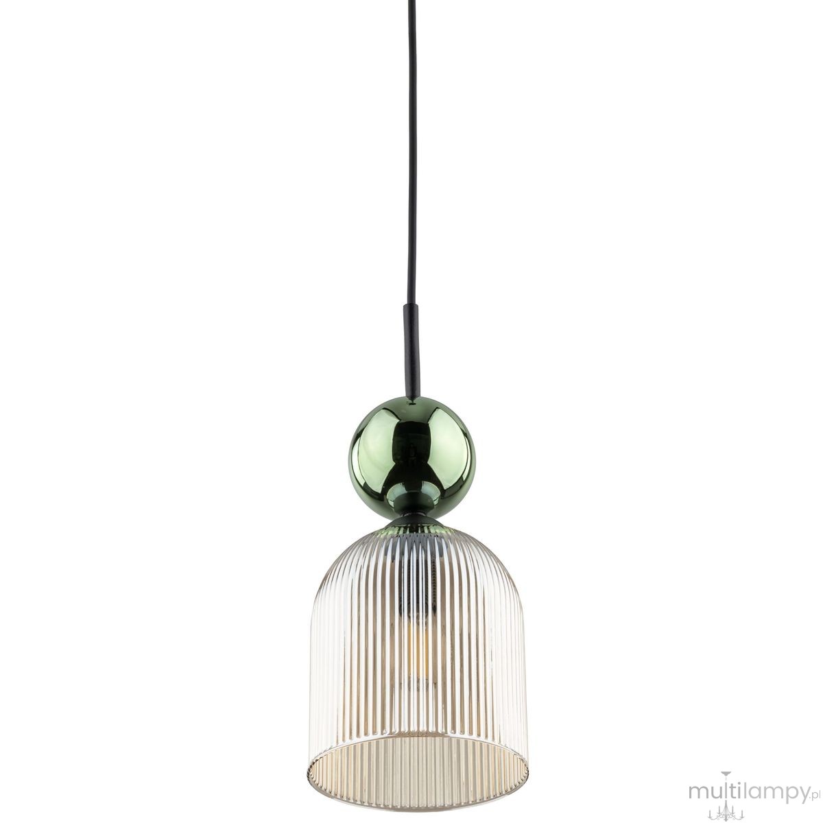 Lampa wisząca Sophia z oprawą w kolorze bursztynowym i zielonym, z przezroczystym kloszem w pionowe prążki. Zawieszona na czarnym przewodzie, w kształcie stożka, z kulistym elementem na górze. Przeznaczona na żarówkę E14.