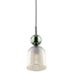 Lampa wisząca Sophia z oprawą w kolorze bursztynowym i zielonym, z przezroczystym kloszem w pionowe prążki. Zawieszona na czarnym przewodzie, w kształcie stożka, z kulistym elementem na górze. Przeznaczona na żarówkę E14.