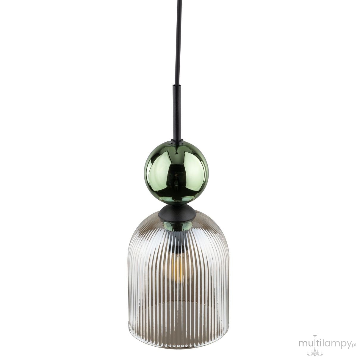 Lampa wisząca Sophia z kloszem w bursztynowym kolorze i zieloną, szklaną kulą na górze. Wykonana z przejrzystego materiału z pionowymi żłobieniami. Zawieszona na czarnym przewodzie, idealna do nowoczesnych wnętrz.