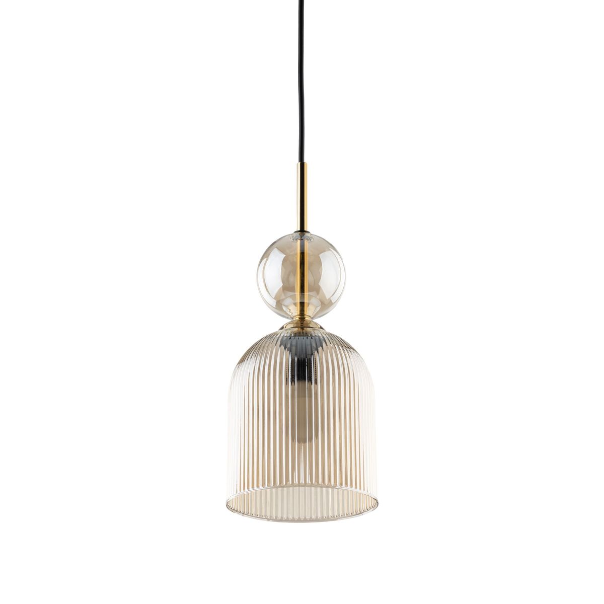 Lampa wisząca Sophia z jedną oprawą E14, w kolorze bursztynowym. Szklany klosz o pionowych żłobieniach, z okrągłym elementem u góry. Zawieszona na czarnym przewodzie, zapewnia eleganckie oświetlenie.