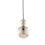 Lampa wisząca Sophia z jednym gniazdem E14, w bursztynowym kolorze. Posiada zaokrągloną, teksturowaną szklaną klosz oraz metalowy, złoty detal mocujący. Zawieszona na czarnym kablu, prezentuje nowoczesny design.