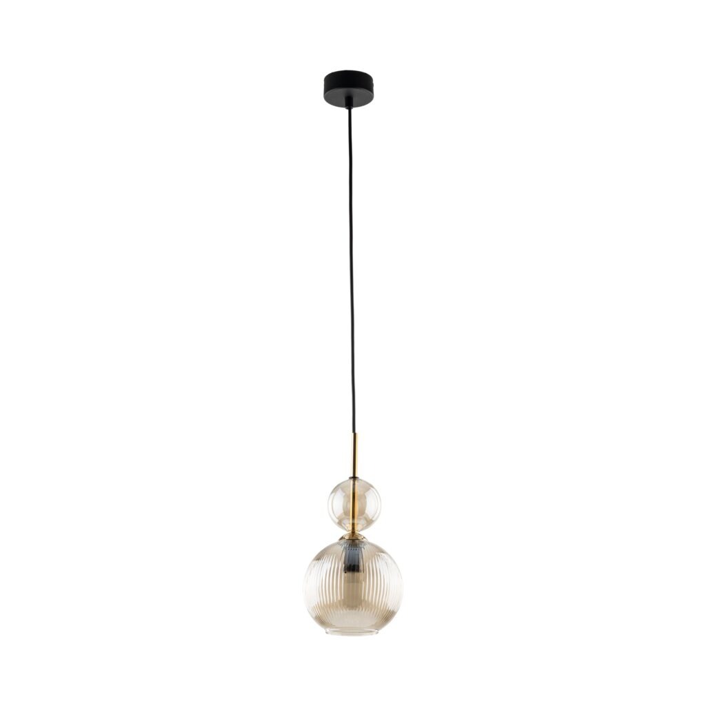 Lampa wisząca Sophia 1xE14 w bursztynowym kolorze, z przezroczystym kloszem o żłobionej fakturze. Zawieszona na czarnym przewodzie, z metalowym elementem w złotym kolorze. Prosta, nowoczesna forma, idealna do różnych aranżacji wnętrz.