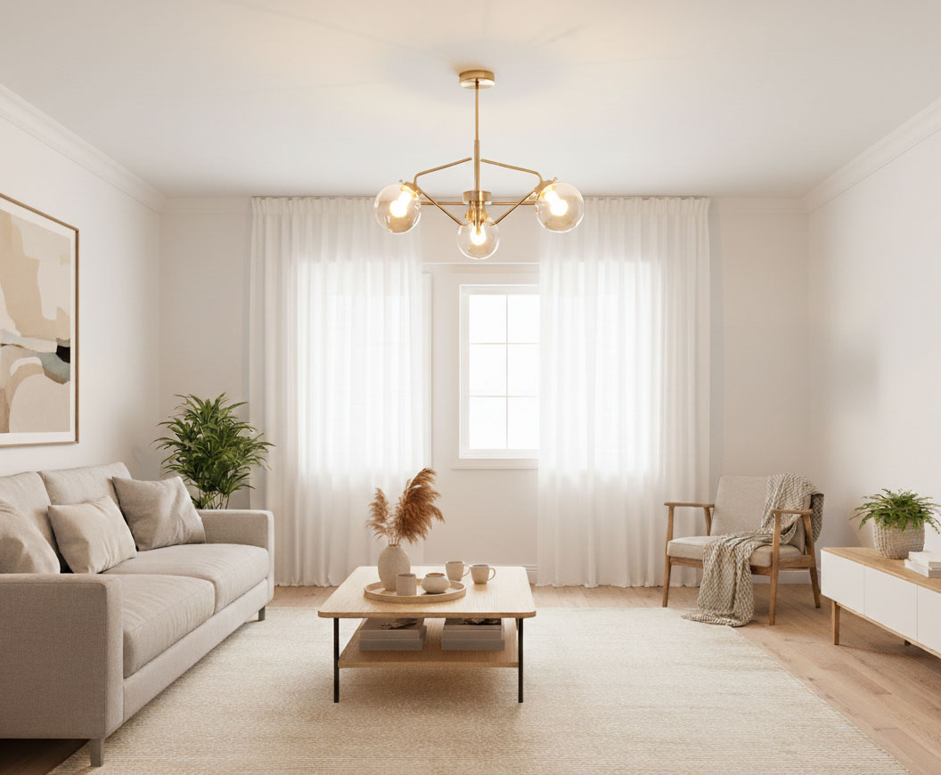 Lampa wisząca Barsum 3-punktowa w złotym kolorze, z szklanymi kloszami, zawieszona na prostym stelażu, widoczna w nowoczesnym wnętrzu z jasnymi zasłonami, przy sofie i stoliku kawowym.