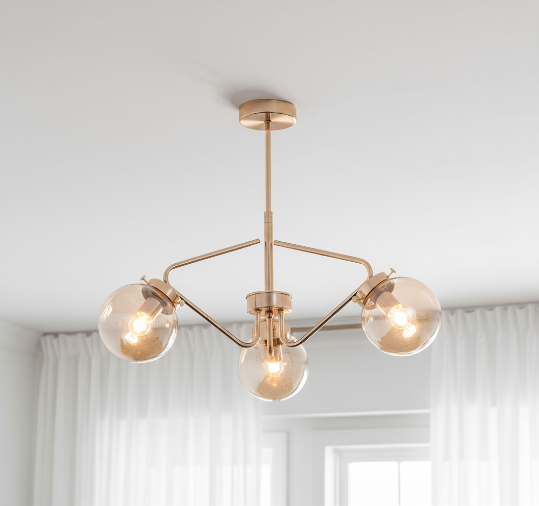 Lampa wisząca Barsum 3-punktowa w złotym kolorze z trzema przezroczystymi kloszami. Ujęcie z dołu, produkt zamontowany pod sufitem, z metalową konstrukcją. Klosze mają okrągły kształt, przezroczyste szkło, w środku widoczne źródła światła.