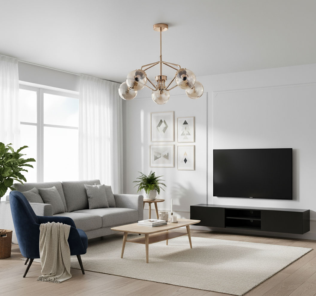 Złota lampa wisząca Barsum 5-punktowa z przezroczystymi kloszami, umieszczona w nowoczesnym wnętrzu. Lampa wisi centralnie nad drewnianym stolikiem, w otoczeniu szarej kanapy i niebieskiego fotela. Delikatne tło z dużymi oknami i roślinami.