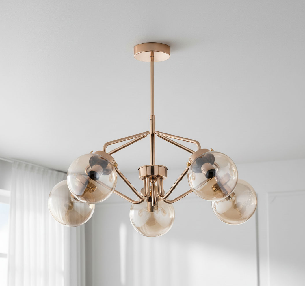 Złota lampa wisząca Barsum z pięcioma kulistymi kloszami w kolorze przezroczystym, zawieszona na cienkim metalowym stelażu. Ujęcie z dołu, ukazujące elegancki design i połączenie szkła z metalem. Proste tło z jasnymi zasłonami.