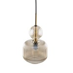 Lampa wisząca Sophia z żarówką E14, w bursztynowym kolorze. Posiada szklany klosz o żebrowanej fakturze oraz okrągłą, przezroczystą górę. Zawieszona na cienkim, czarnym przewodzie. Wysoka elegancja, idealna do nowoczesnych wnętrz.